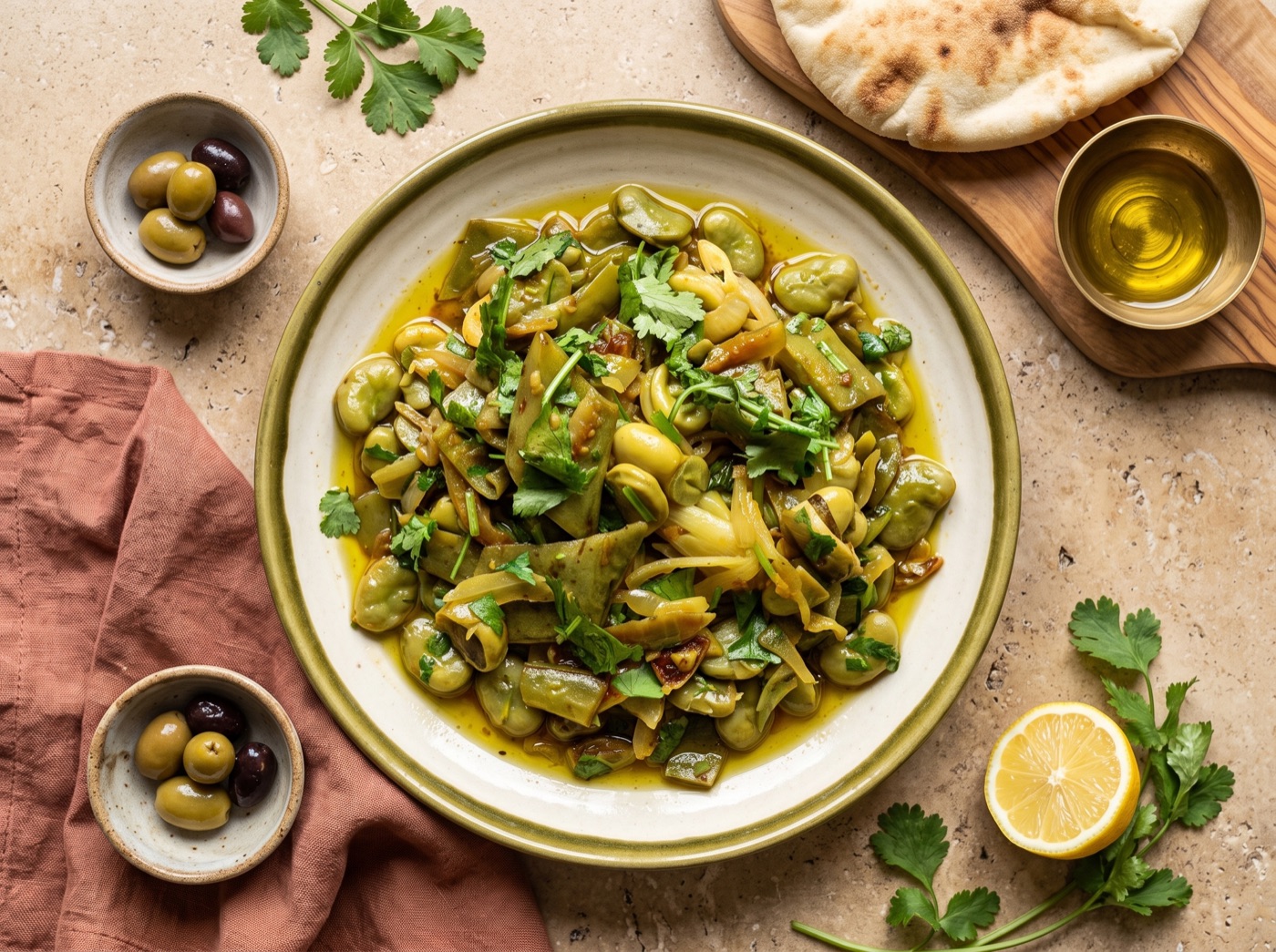Fool Bi'Zeyt, Green Fava Beans in Olive Oil