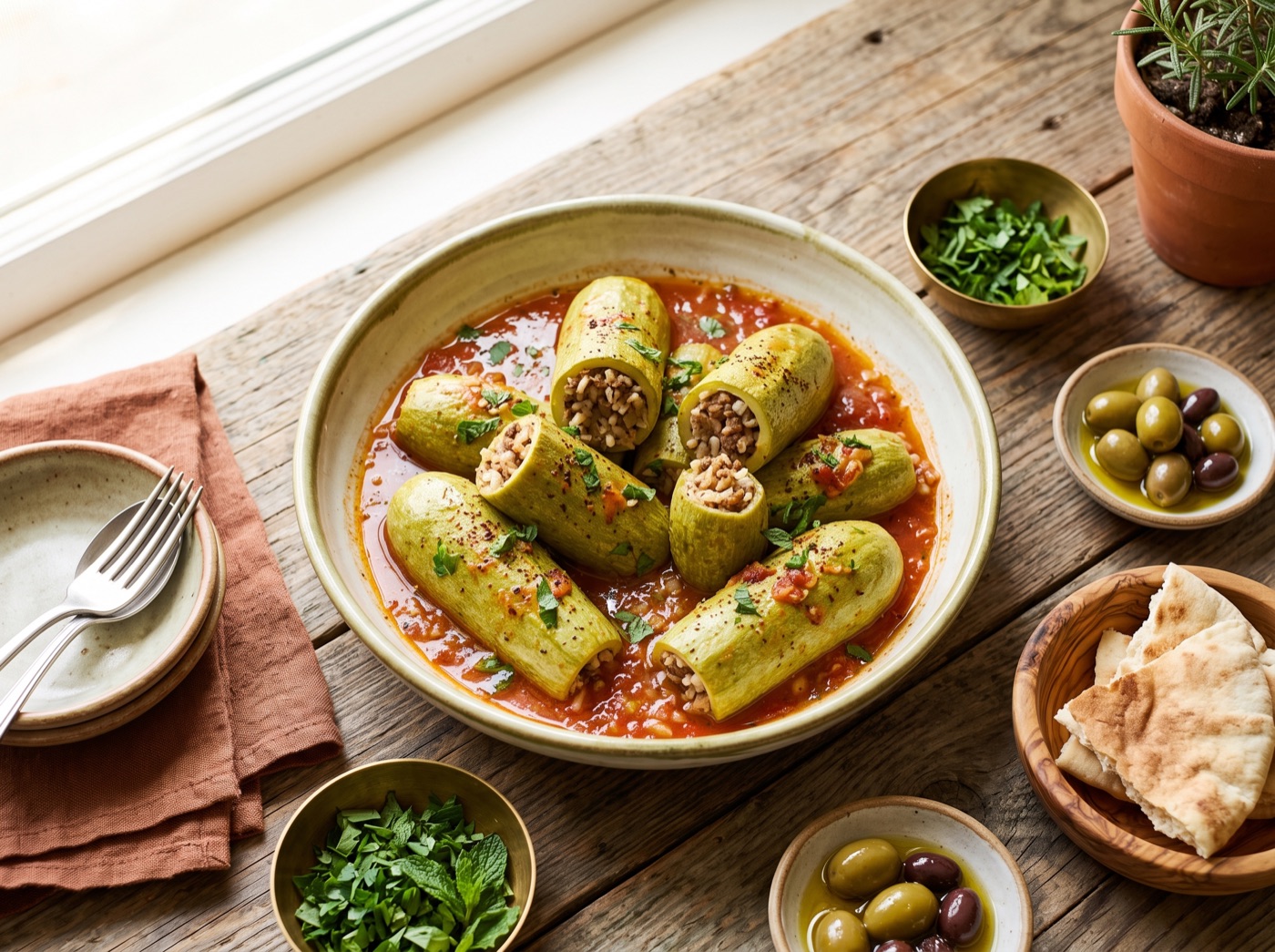 Kousa Mahshi, Stuffed Zucchini in Garlicky Tomato Broth