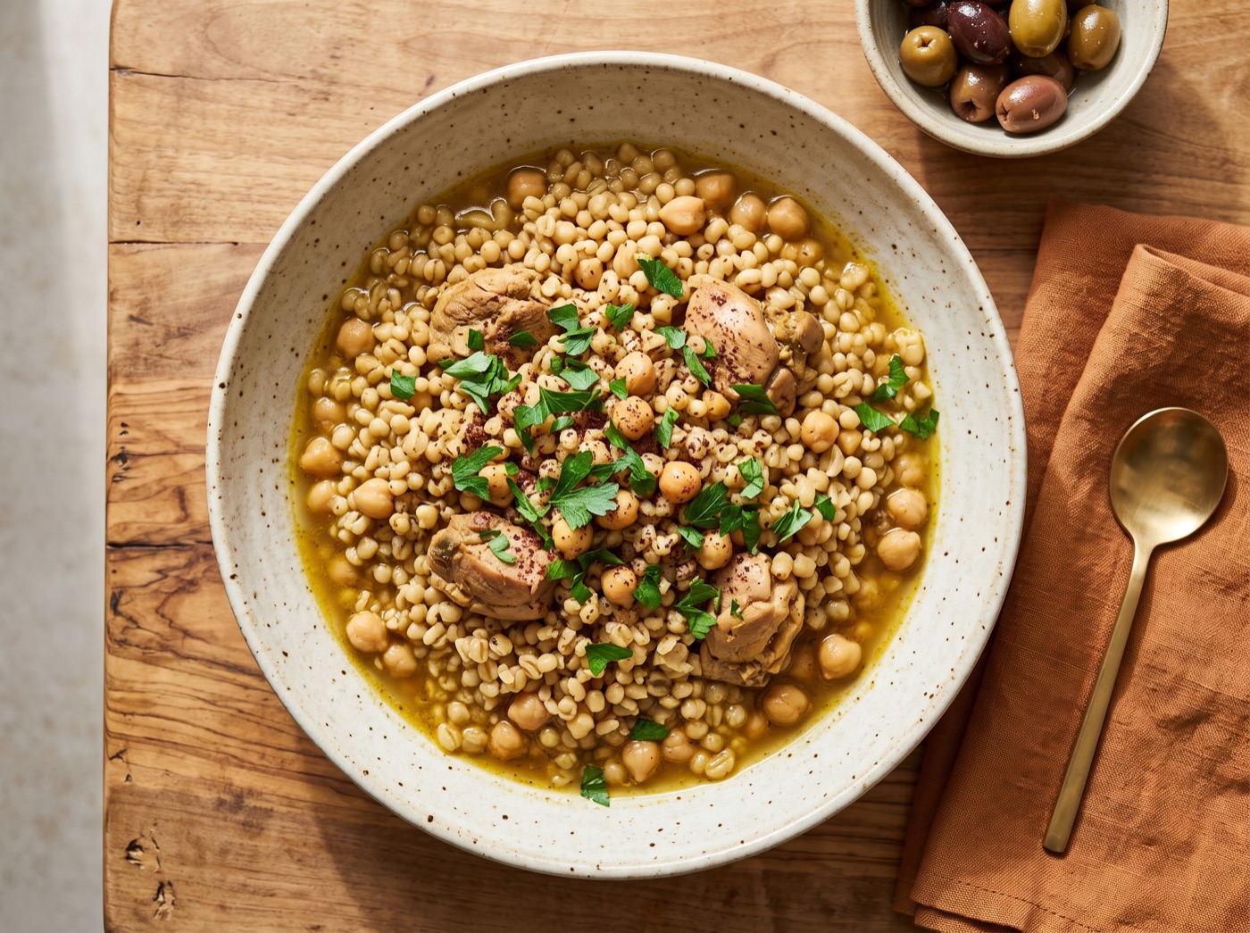 Maftoul, Palestinian Couscous with Chicken and Chickpeas