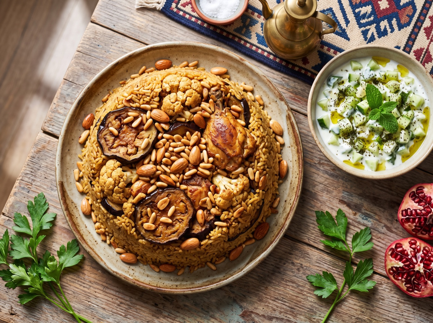 Maqluba, Upside-Down Rice with Chicken and Fried Vegetables
