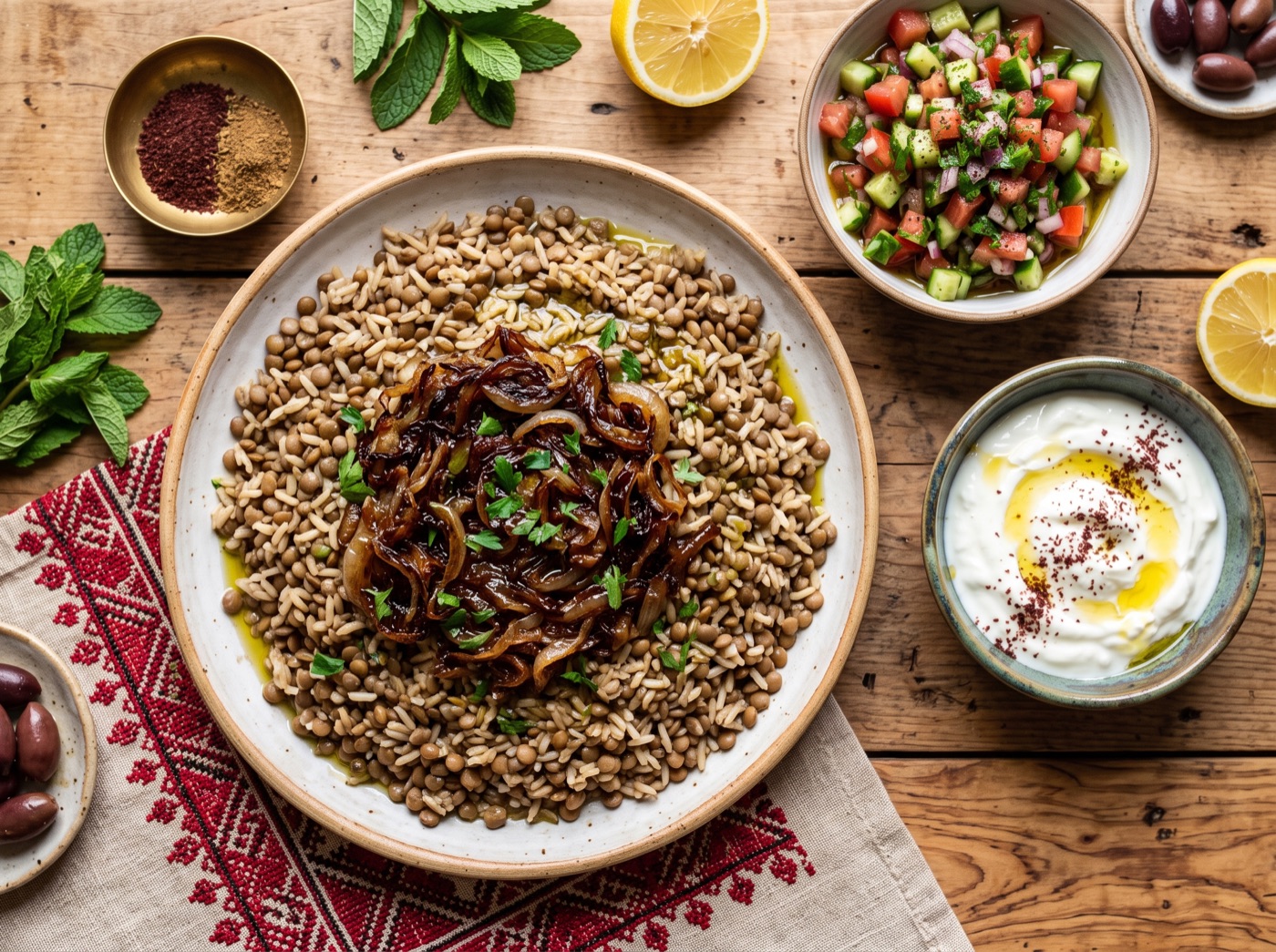 Mujaddara, Lentils and Rice with Caramelized Onions